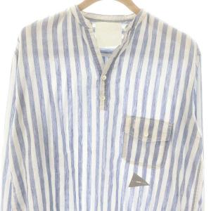 and wander ハーフボタン ストライプシャツ 長袖 スキッパー 青 ブルー 白 ホワイト /AT OS SH