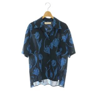 ハンドドローイングチューリッププリント シャツ オープンカラー 花柄 S 紺 青 /MI OS SH