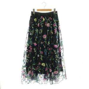 フラワー刺繍チュールスカート ロング フレア 38 ブラック マルチカラー /DO OS