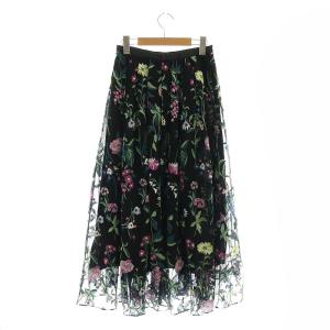 Grace Class フラワー刺繍チュールスカート ロング フレア 38 ブラック マルチカラー /DO OS