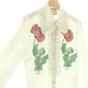 GUCCI フラワープリントフリルストライプシャツ 長袖 アイボリー ライトブルー /HK OS