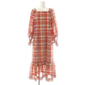 チェックオーガンワンピース ロング 七分袖 36 レッド /HK OS
