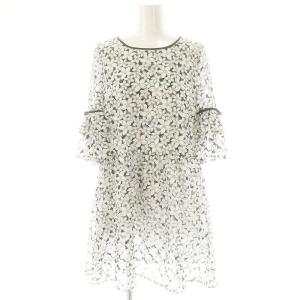 ジャスミンプリントリボンチュニック ブラウス 五分袖 40 ブラック ホワイト /DF OS