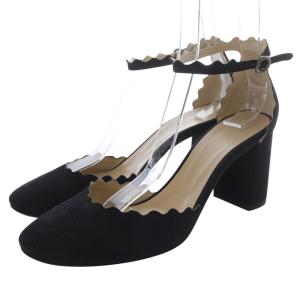 スエード スカラップ ストラップパンプス 39.5 黒 ブラック CH27002 /SR36