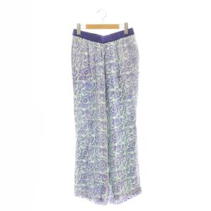 モダールサテン フラワープリント パンツ ストレート イージー S 緑 グリーン 紫 パープル /AT