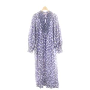 フラワープリント ギャザー スリーブ ワンピース M ブルー