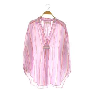 コットンボイルストライプブラウス スキッパーシャツ 長袖 プルオーバー インド製 パープル ピンク /MY