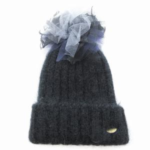 GGN3 モヘアニットキャップ 帽子 リブ レース ボンボン 黒 ブラック ONM01626 /JS SH