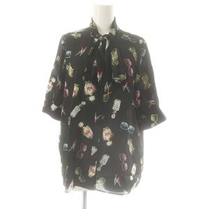 サテンモチーフプリントブラウス シャツ 半袖 前開き 38 黒 マルチカラー /NR OS