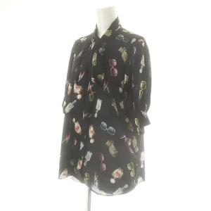 Grace Class サテンモチーフプリントブラウス シャツ 半袖 前開き 38 黒 マルチカラー /NR OS