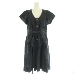 ショートスリーブ フロントボタン デニム ワンピース 膝丈 半袖 ピンタック M ネイビー /MY OS