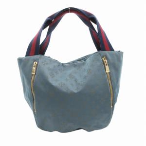 ハンドバッグ 総柄 持ち手 ライン ナイロン 青 ブルー /HO