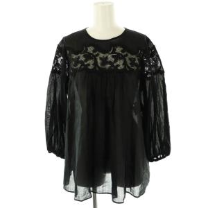 24SS ラミーコットンレースギャザーブラウス 七分袖 シアー 38 ブラック /DO OS
