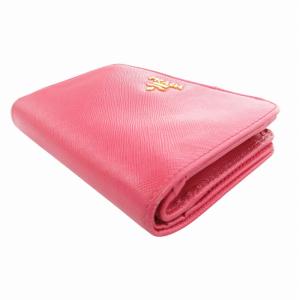 PRADA 二つ折り財布 ウォレット L字ファスナー ロゴ パッチ レザー ピンク /HO