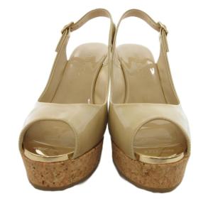 JIMMY CHOO PRAISE サンダル パテントレザー ウェッジソール コルク ロゴ 35 イエローベージュ /JS