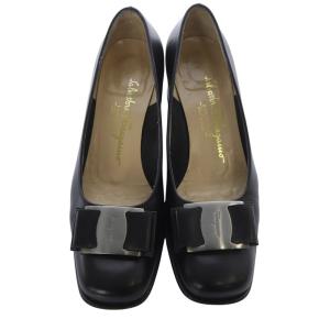 Salvatore Ferragamo ヴァラ レザー チャンキーヒールパンプス スクエアトゥ 7 黒 ブラック /SR34