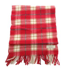 BURBERRY マフラー カシミヤ チェック柄 フリンジ レッド