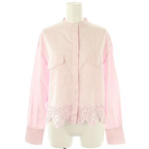 レースヘムノーカラークロップドシャツ ブラウス 長袖 36 ピンク /DF OS