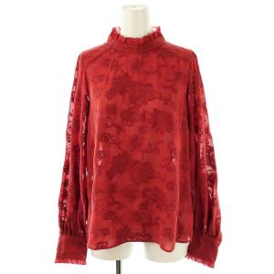 フラワー刺繍スタンドトップブラウス 長袖 38 オレンジレッド /DO OS