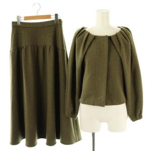 セットアップ パフスリーブ ノーカラージャケット フレアスカート ウール 36 38 スモークグリーン
