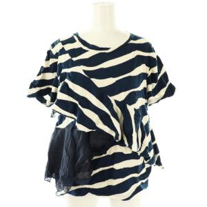 ティアード ボーダー柄 Tシャツ カットソー 半袖 M ブルー オフホワイト /DF OS