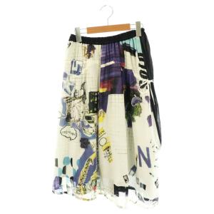 リネン混 総柄 スカート ギャザー ミモレ ロング M 白 ホワイト 紺 ネイビー /AT OS