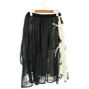 gomme リネン混 総柄 スカート ギャザー ミモレ ロング M 白 ホワイト 紺 ネイビー /AT OS