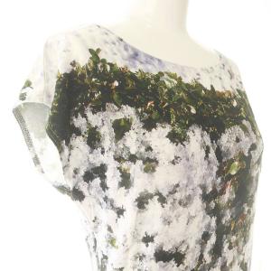 転写 花柄 ノースリーブ カットソー ボートネック 1 白 ホワイト 緑 グリーン /AT OS