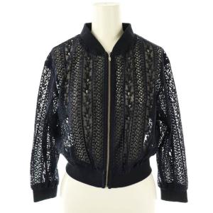 レース ジップアップ ブルゾン 七分袖 36 紺 ネイビー /AT OS