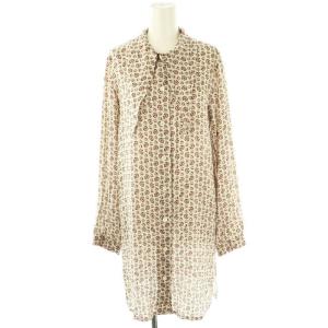 花柄 長袖 シャツワンピース ミニ 36 ベージュ /AT OS