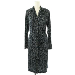 花柄 長袖 シャツワンピース ミモレ ロング 1 紺 ネイビー /AT OS