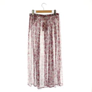 agnes b. シアー タックロングスカート フレア 花柄 シルク 36 白 赤 青 /NR OS