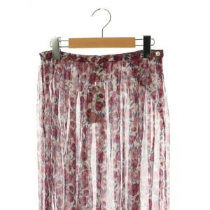 agnes b. シアー タックロングスカート フレア 花柄 シルク 36 白 赤 青 /NR OS