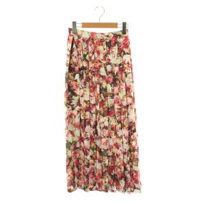 転写 落ち葉 プリーツスカート ロング フレア 36 赤 マルチカラー /NR OS