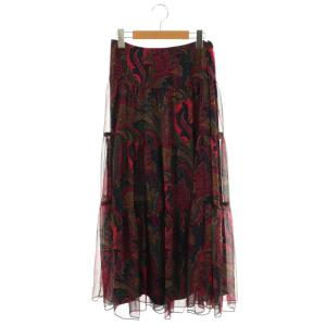 ペイズリーシフォン総柄ロングスカート フレア マキシ ロング 0 紺 ネイビー 赤 レッド /AT OS