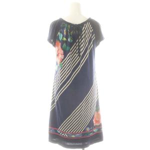 LEONARD ファッション ロープネック サマーニット フラワー ワンピース 1 青 ブルー マルチカラー /AQ OS