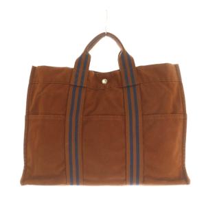 HERMES フールトゥ MM トートバッグ コットンキャンバス 茶 紺 /MI OS OH