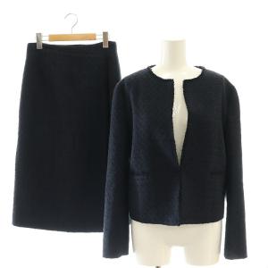 ツイード スカートスーツ セットアップ ノーカラージャケット ラップスカート 34 36 濃紺 ダークネイビー