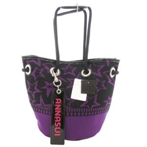 タグ付き ハンドバッグ 巾着 肩掛け ポーチ付 キャンバス スター柄 紫 パープル 黒 ブラック /GV