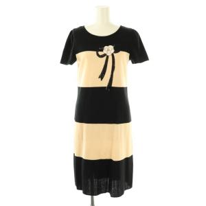 スパンコール カメリアリボン ボーダーワンピース 38 ブラック アイボリー 818130 /MY OS