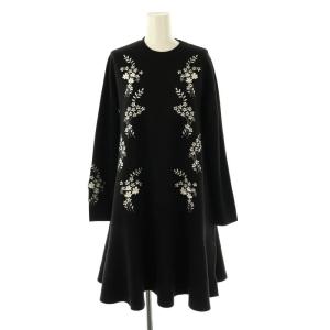 フラワーリーフ刺繍ニットワンピース ひざ丈 0 ブラック /DF OS