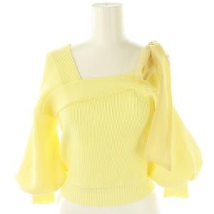 25SS ワンショルリボントップス ニット アシンメトリー 七分袖 F イエロー /HK OS