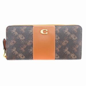 美品 エッセンシャルスリムアコーディオンジップ ウォレット ホースアンドキャリッジプリント 長財布 茶