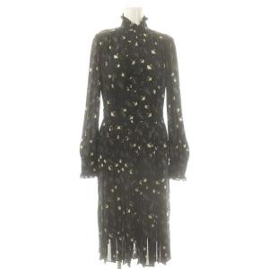 23AW ポリエステルクレープ アウルプリント ラッフルカラードレス ワンピース ひざ丈 0 ブラック