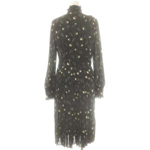 Brooks Brothers 23AW ポリエステルクレープ アウルプリント ラッフルカラードレス ワンピース ひざ丈 0 ブラック