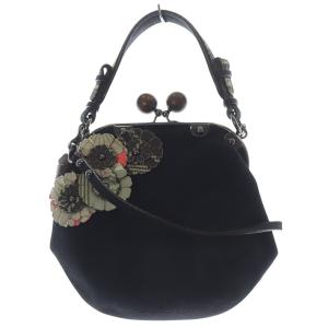 フラワーモチーフ装飾 がま口バッグ 黒 ブラック /SR18