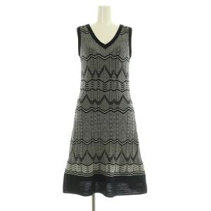 総柄 ノースリーブ ニットワンピース Vネック 膝丈 リブ 40 ブラック /MY OS