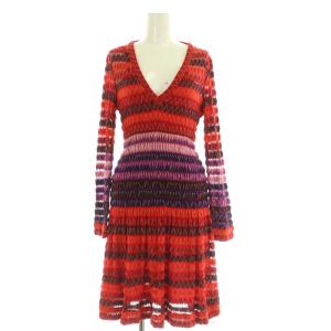 総柄 長袖 ニットワンピース 膝丈 長袖 リブ インナー付 イタリア製 レッド /MY OS
