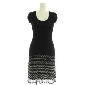 総柄 半袖 ニットワンピース 膝丈 リブ インナー付 40 ブラック /MY OS