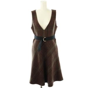 ウールチェック ジャンスカ ワンピース ノースリーブ ミモレ ロング 36 茶 ブラウン 紺 ネイビー